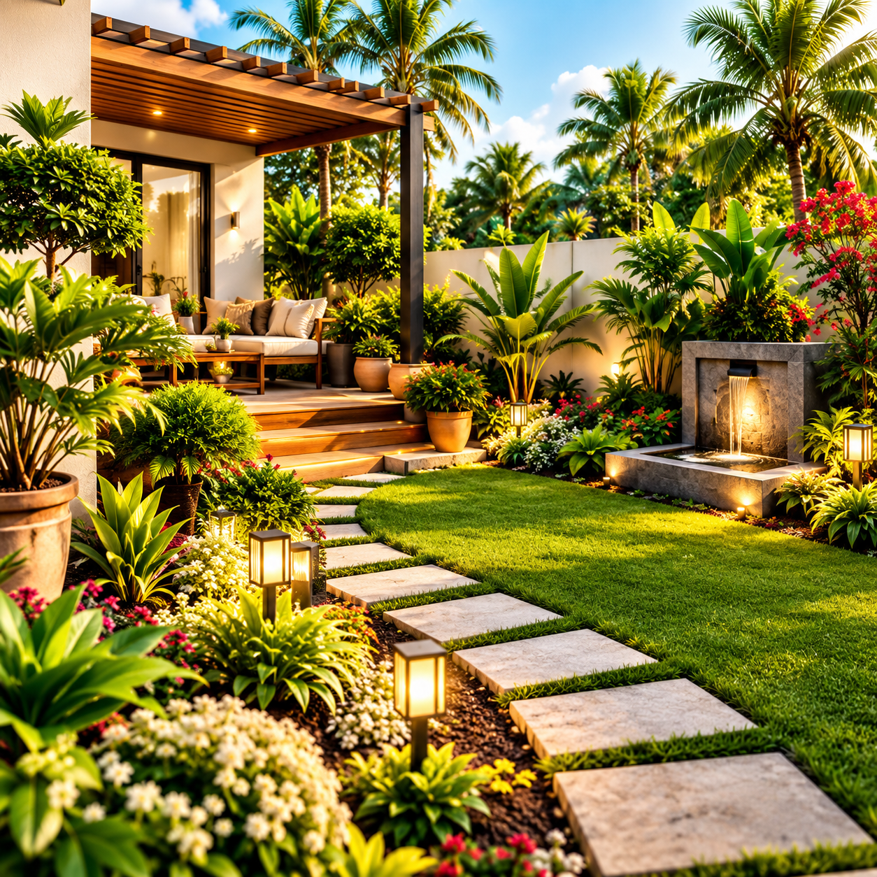 Beautiful landscaped garden with greenery and outdoor seating